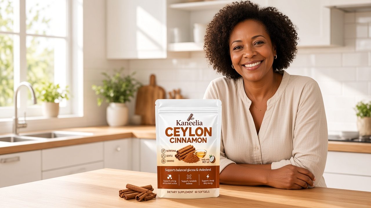 Smiling woman at her kitchen counter with a pouch of Kaneelia Ceylon Cinnamon