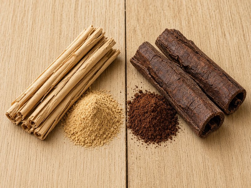 Thin layered Ceylon quills and pale powder next to thick dark Cassia bark and darker powder