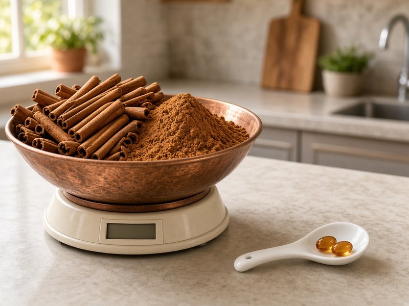 A big bowl of cinnamon on a kitchen scale next to two softgels on a spoon